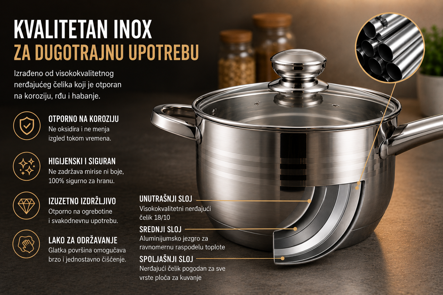 Detalj trostrukog inox dna
